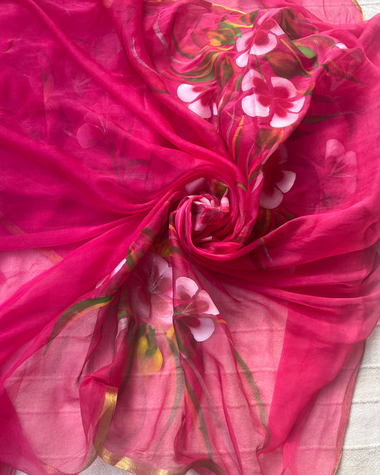 Hand-painted Chiffon Saree - Rani Pink