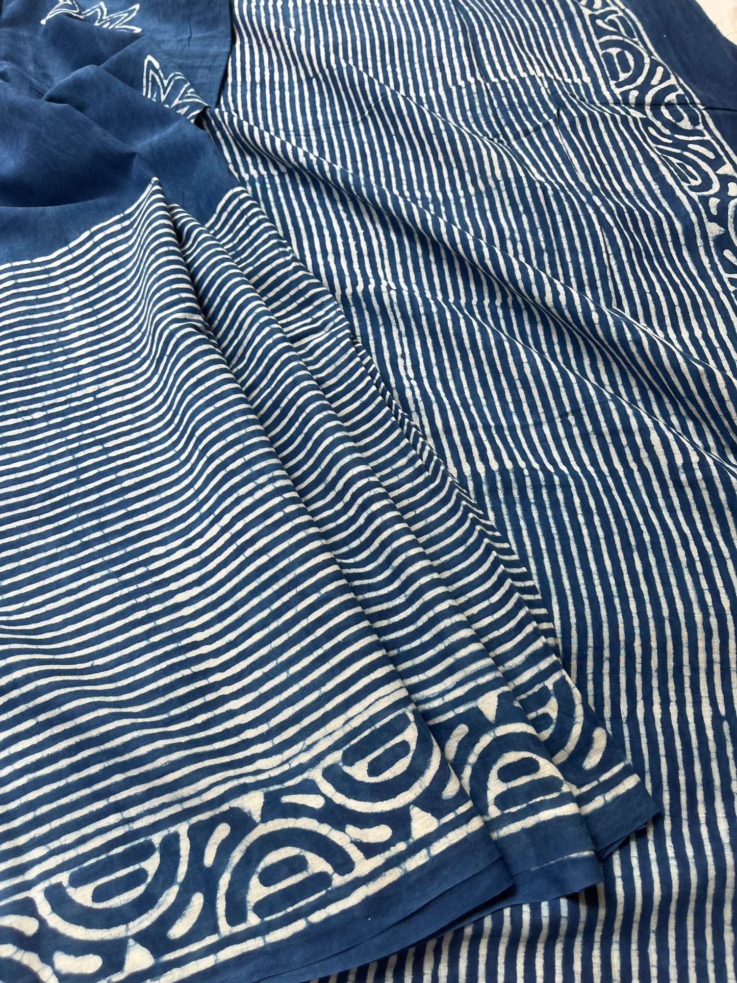 Indigo Handblock Mul Mul Saree with Stripes