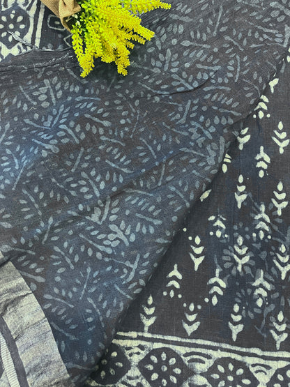 Indigo Handblock Linen Cotton Saree