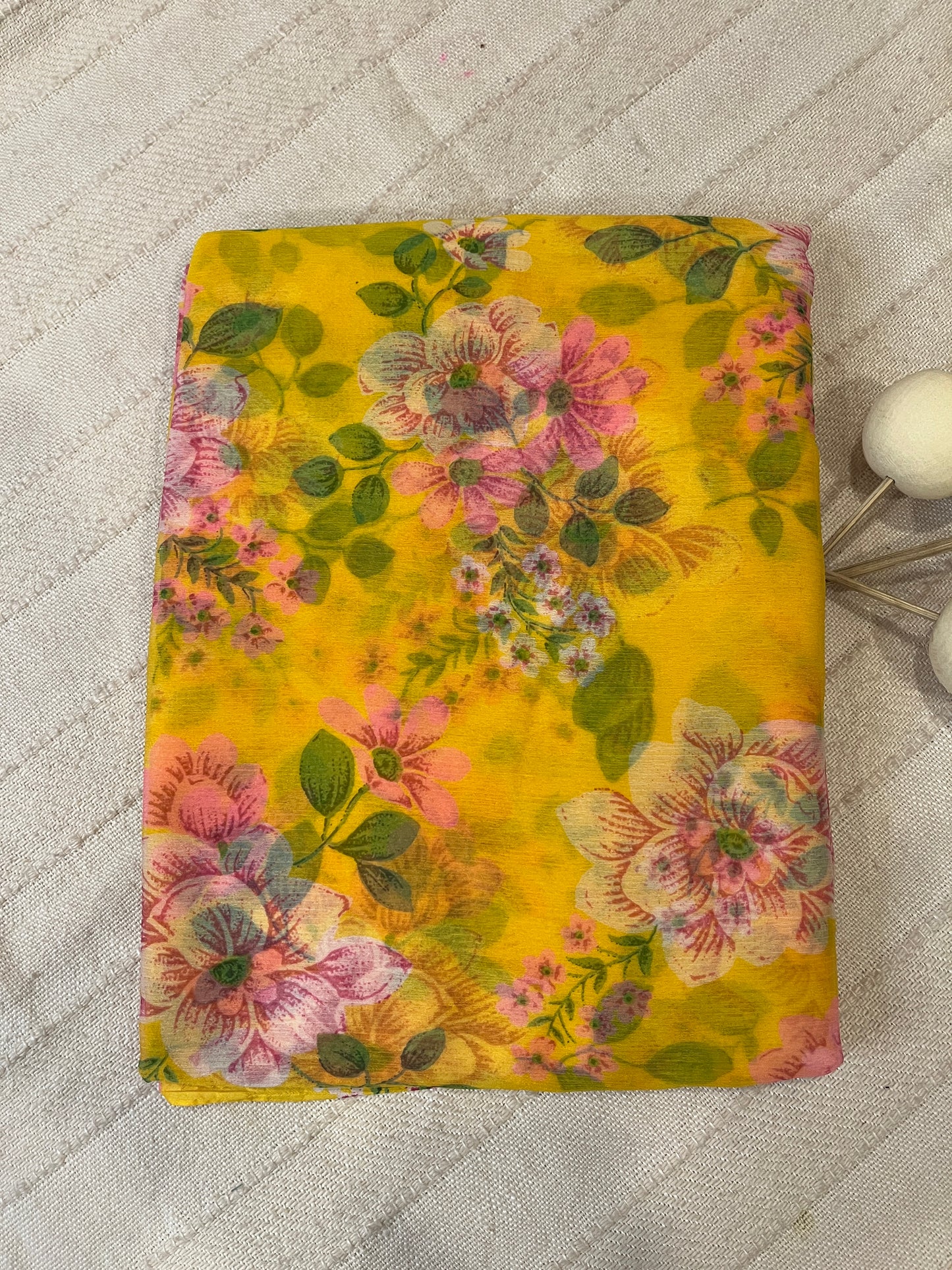 Semi Chiffon Floral Saree - Yellow