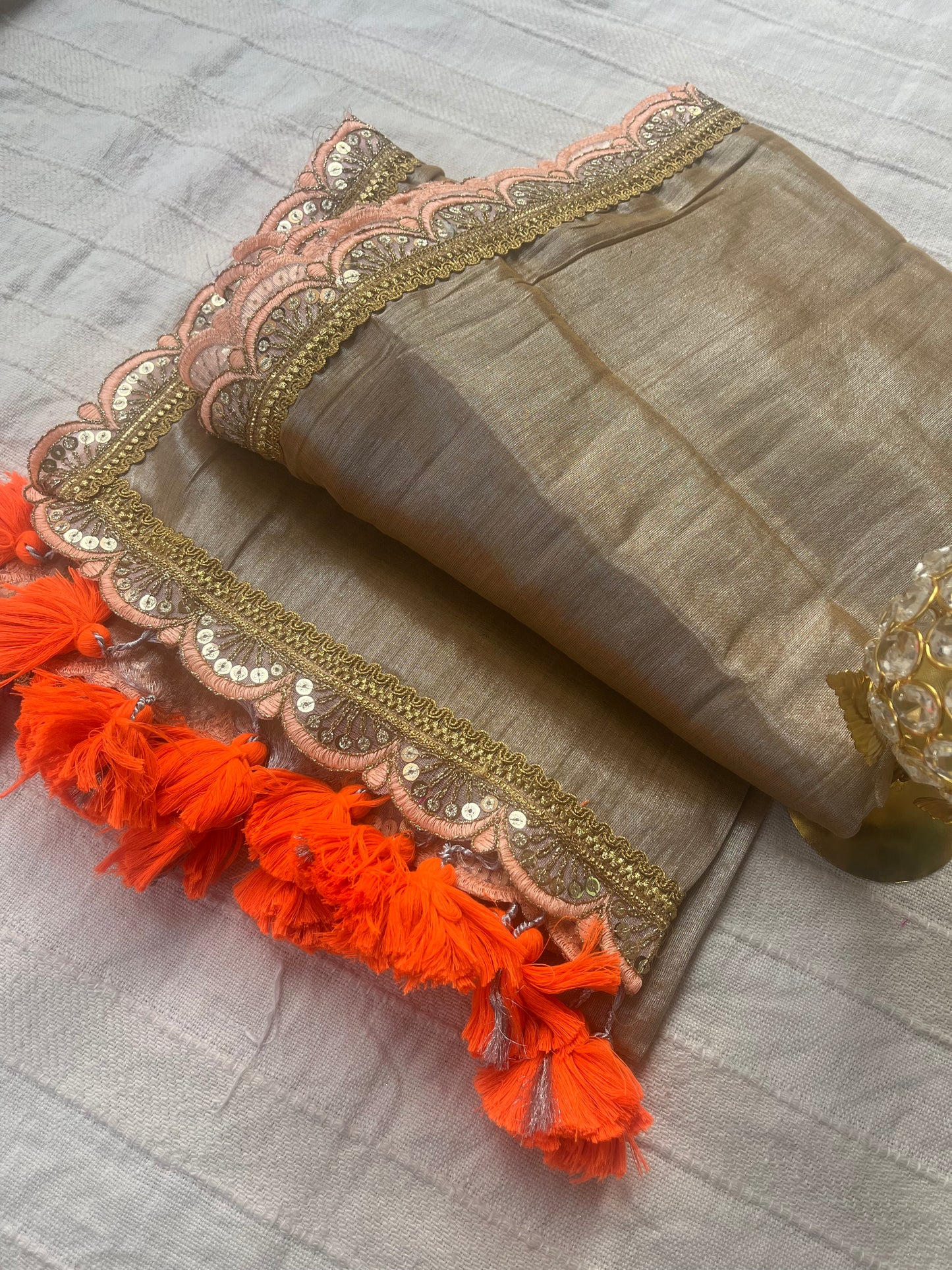 Raga Tissue Saree with Lace and Tassels - Gold & Orange