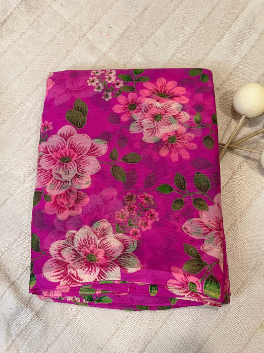 Semi Chiffon Floral Saree - Hot Pink