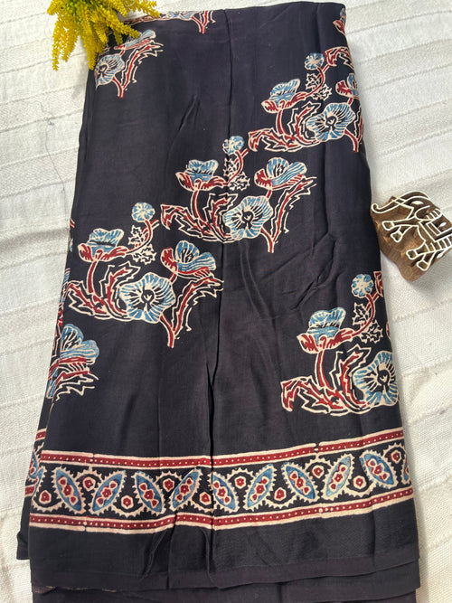 Ajrakh Modal Silk Saree with Bel Design - Black