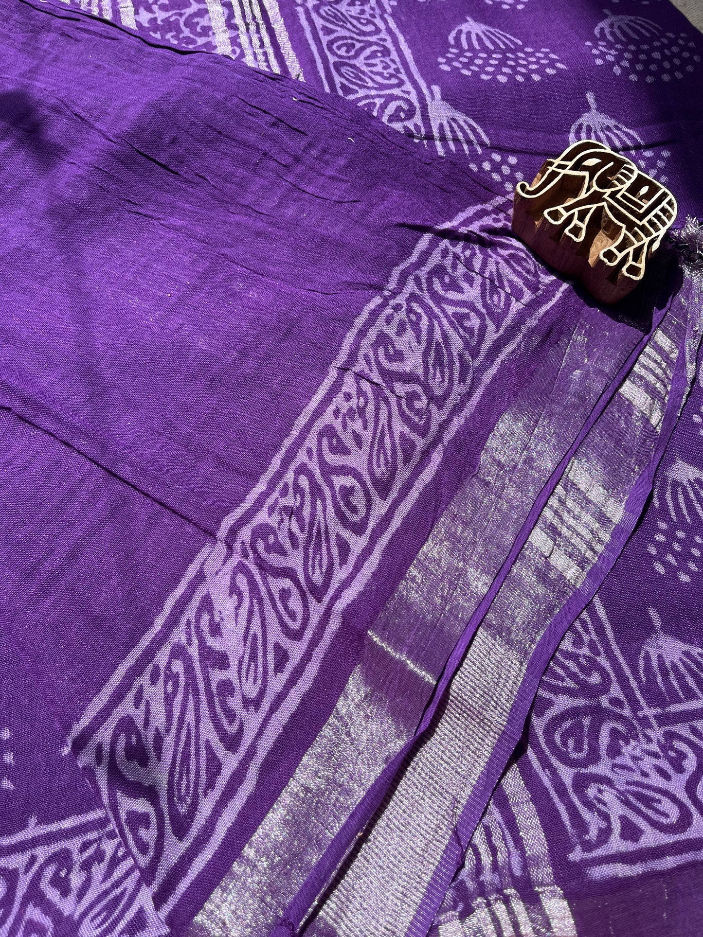 Purple Handblock Linen Cotton Saree