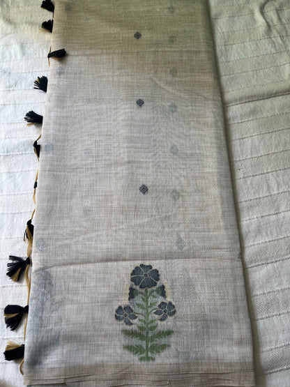 Chanderi Cotton Jamdani Saree - Black Flower Weaving