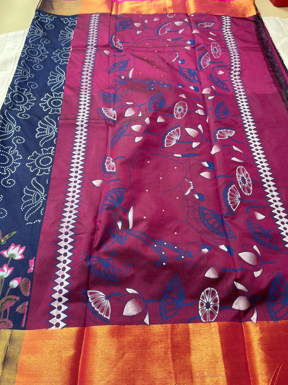 Kalamkari Printed Nelluri Silk Saree - Navy Blue