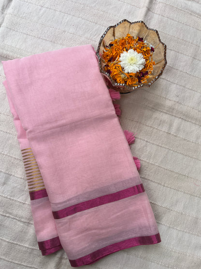 Zari Mul Cotton Saree - Baby Pink with Magenta Border (No Blouse piece)