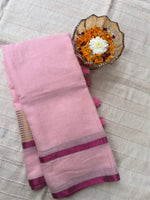 Zari Mul Cotton Saree - Baby Pink with Magenta Border (No Blouse piece)