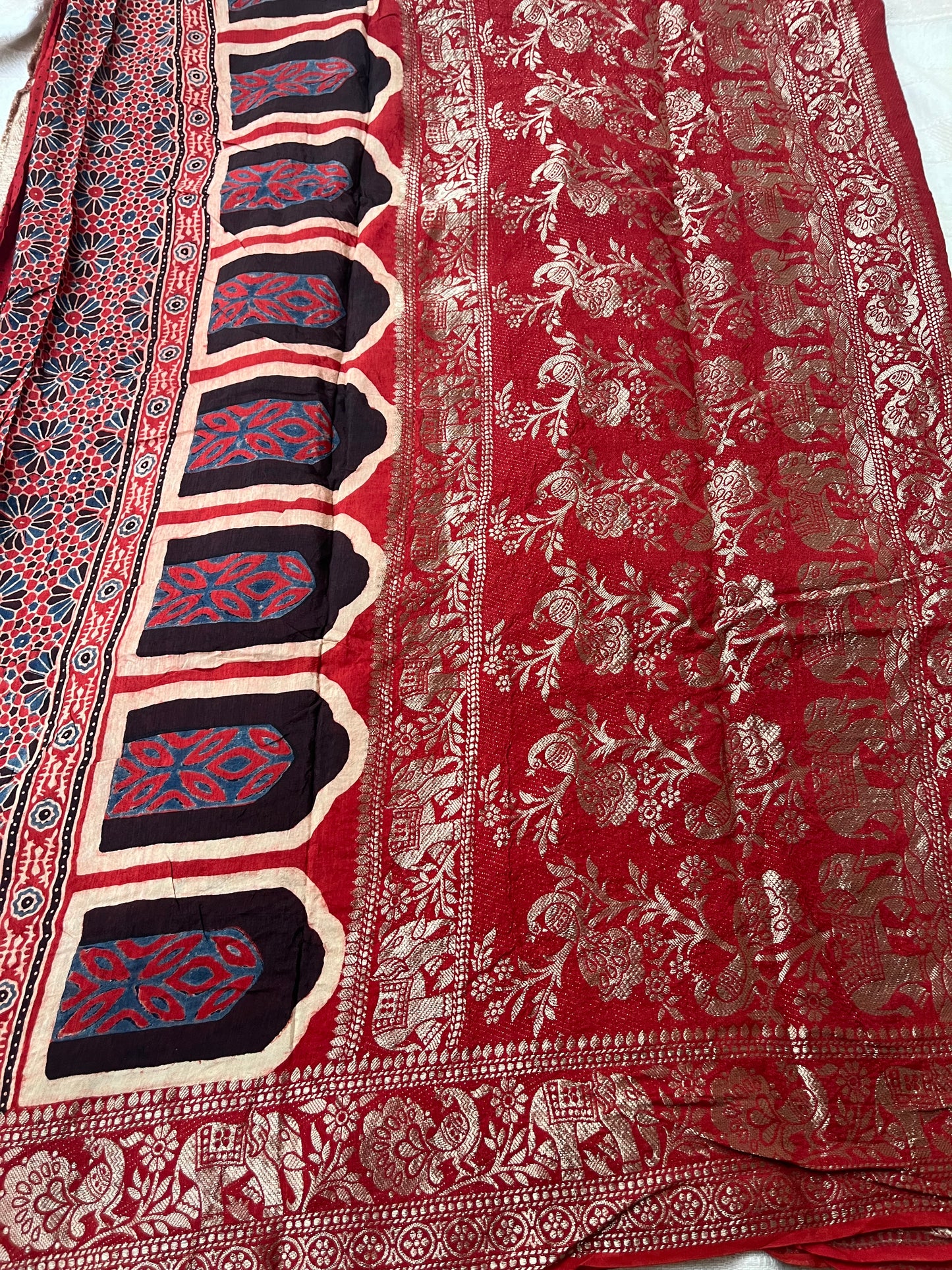 Ajrakh Dola Silk Saree - Red Leaf Motifs