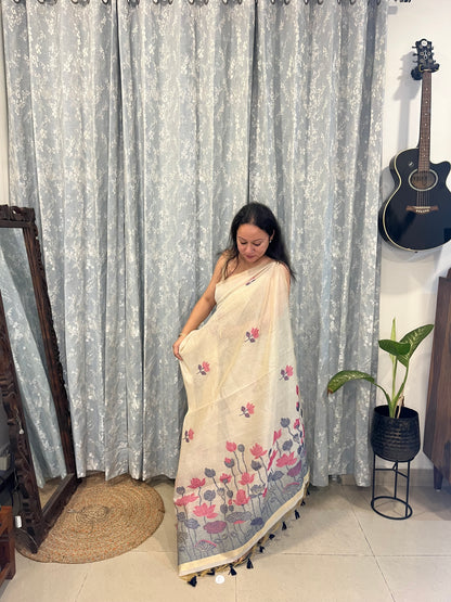 Chanderi Cotton Jamdani Saree - Pink Lotus Pond