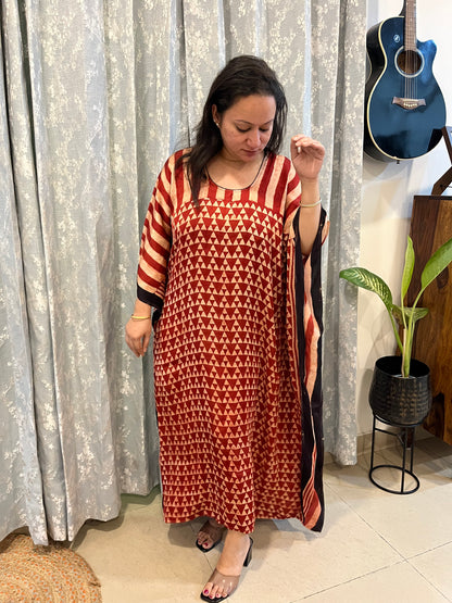 Ajrakh Modal Silk Kaftan - Red Contemporary