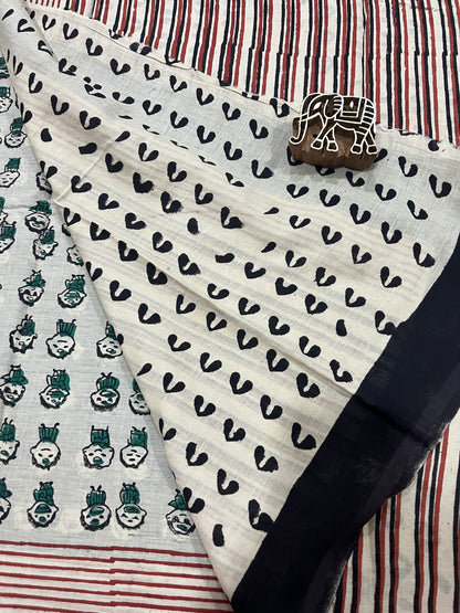 Quirky Figurine Half & Half Mul Cotton Saree - Black & White