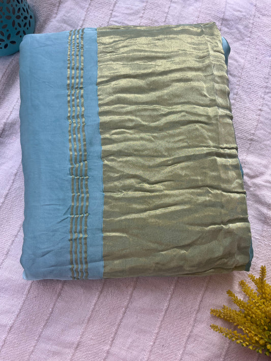 Aqua Plain Modal Silk Saree with Tissue Palla and Tassels