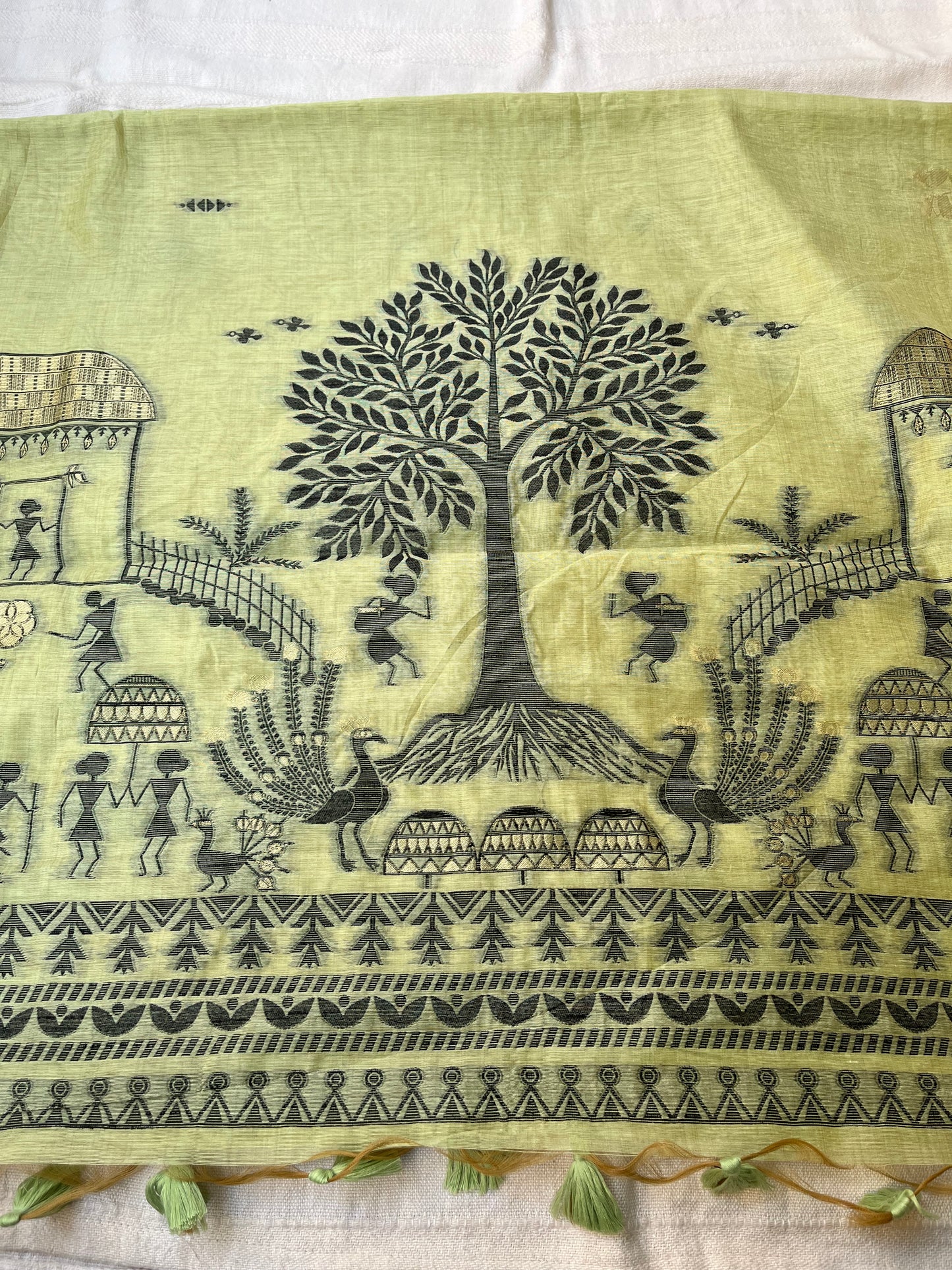 Chanderi Cotton Jamdani Saree - Lime Green Tribal Art