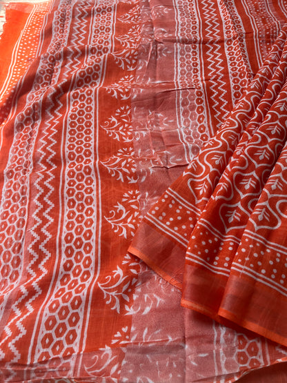 Handblock Linen Cotton Saree - Orange