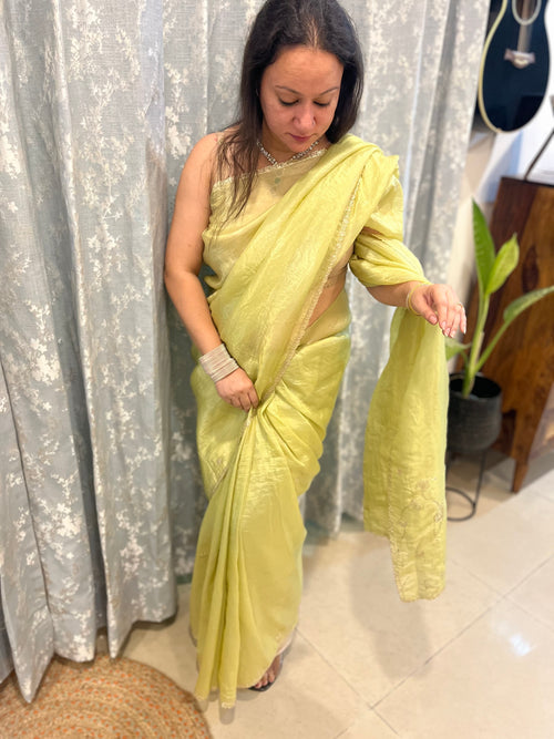 Pitta Work Crepe Tissue Saree - Mehendi Green