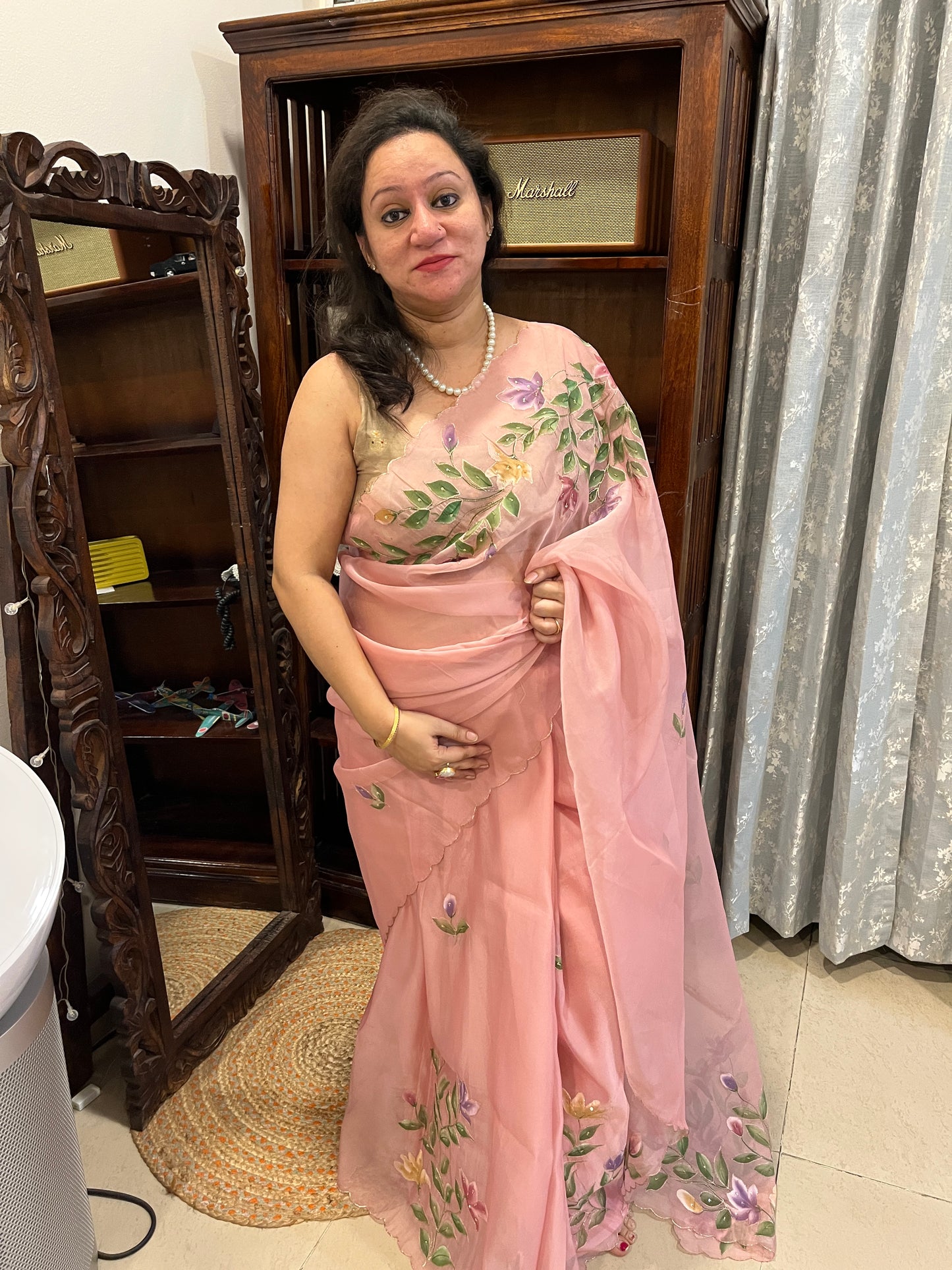 Crepe Organza Handpainted Saree with Embroidery- Baby Pink