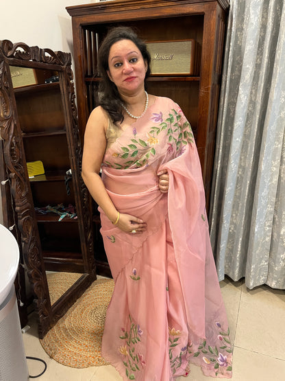 Crepe Organza Handpainted Saree with Embroidery- Baby Pink