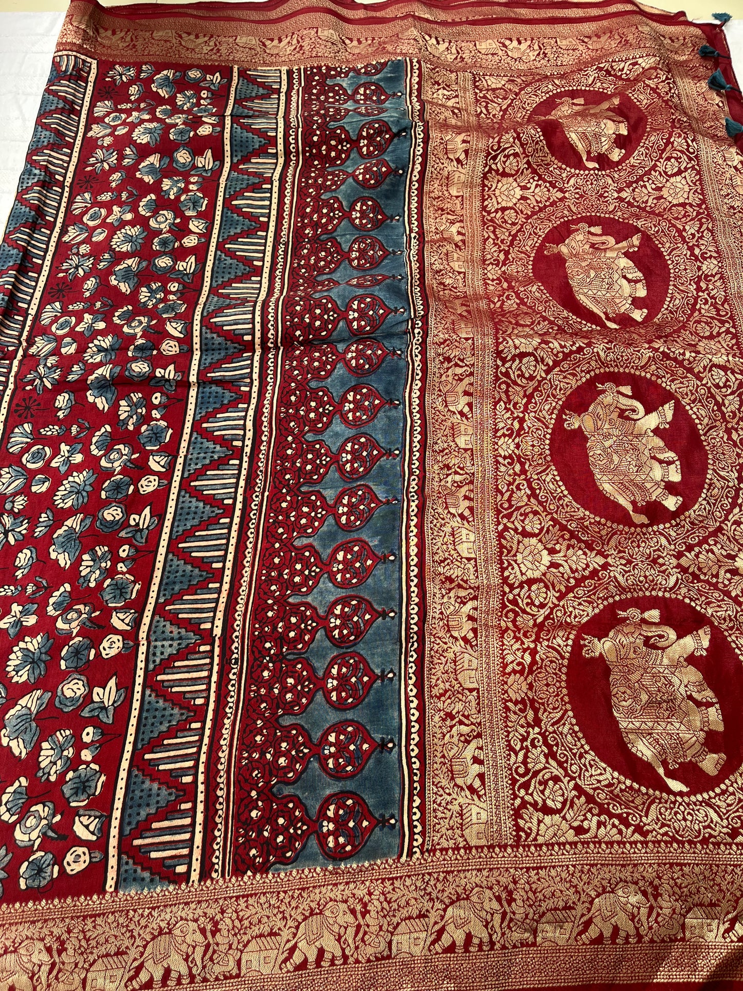 Ajrakh Dola Silk Saree - Deep Red Badam Block (with tassels)