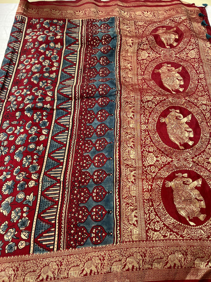 Ajrakh Dola Silk Saree - Deep Red Badam Block (with tassels)