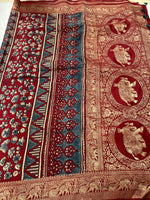 Ajrakh Dola Silk Saree - Deep Red Badam Block (with tassels)