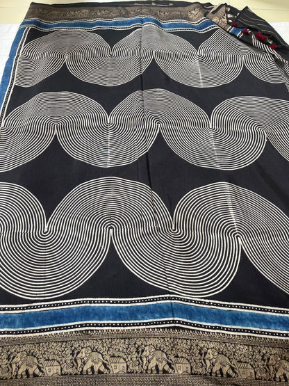 Ajrakh Dola Silk Saree - Black Geometric Pattern (with tassels)