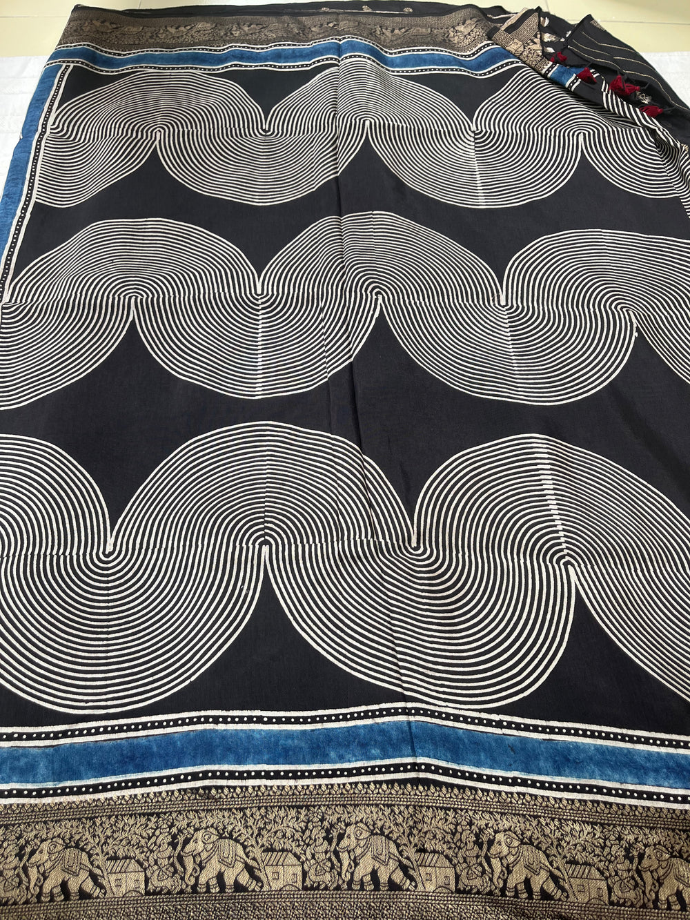 Ajrakh Dola Silk Saree - Black Geometric Pattern (with tassels)