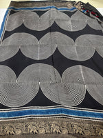 Ajrakh Dola Silk Saree - Black Geometric Pattern (with tassels)
