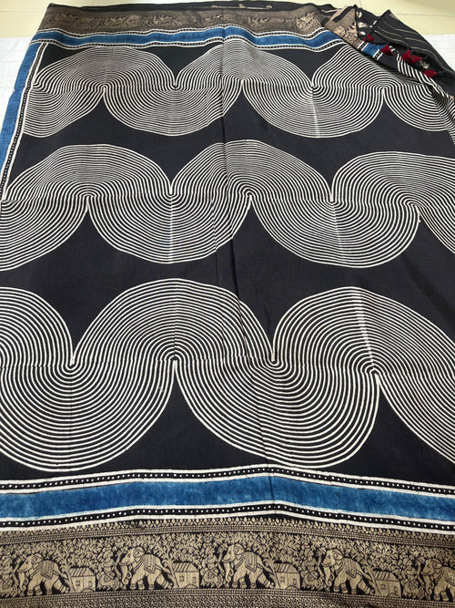 Ajrakh Dola Silk Saree - Black Geometric Pattern (with tassels)
