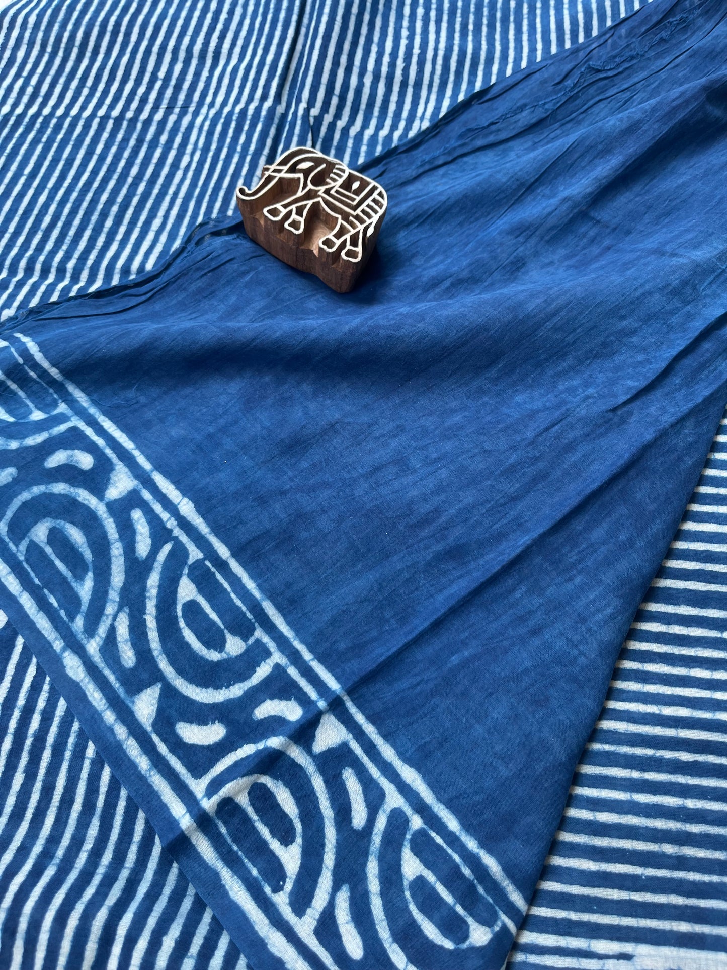 Indigo Handblock Mul Mul Saree with Stripes