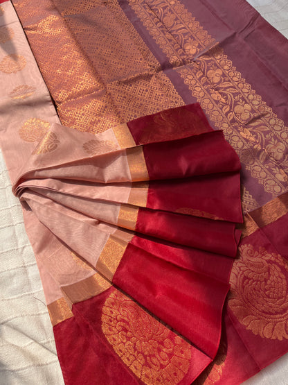 Uppada Kotanji Border Silk Cotton Saree - Rose Gold & Maroon Combination