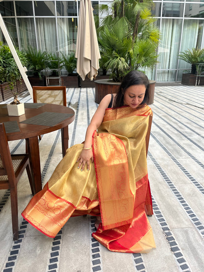 Kanjiwaram Tissue Tanchui Soft Silk Saree - Red Gold