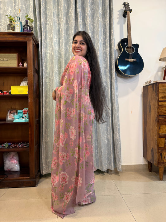 Semi Chiffon Floral Saree - Lilac