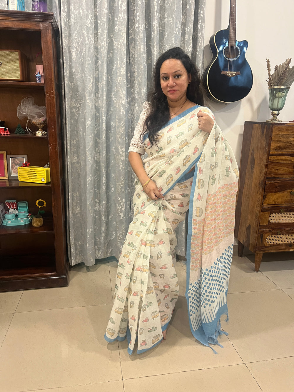 Quirky Linen Cotton Saree - Blue Musafir
