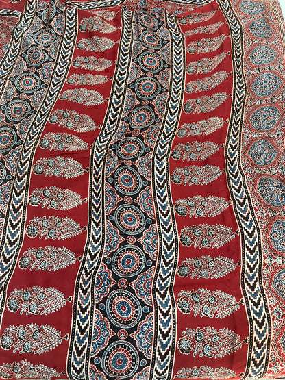 Ajrakh Modal Silk Saree - Classic Red