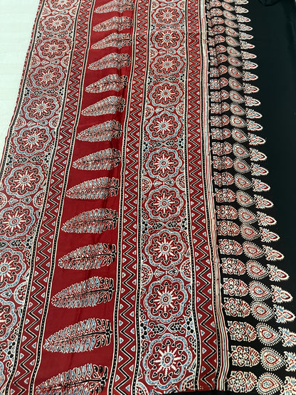 Ajrakh Modal Silk Saree -Red Badam Block