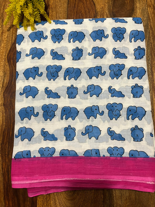 Blue Elephant Print Quirky Mul Cotton Saree