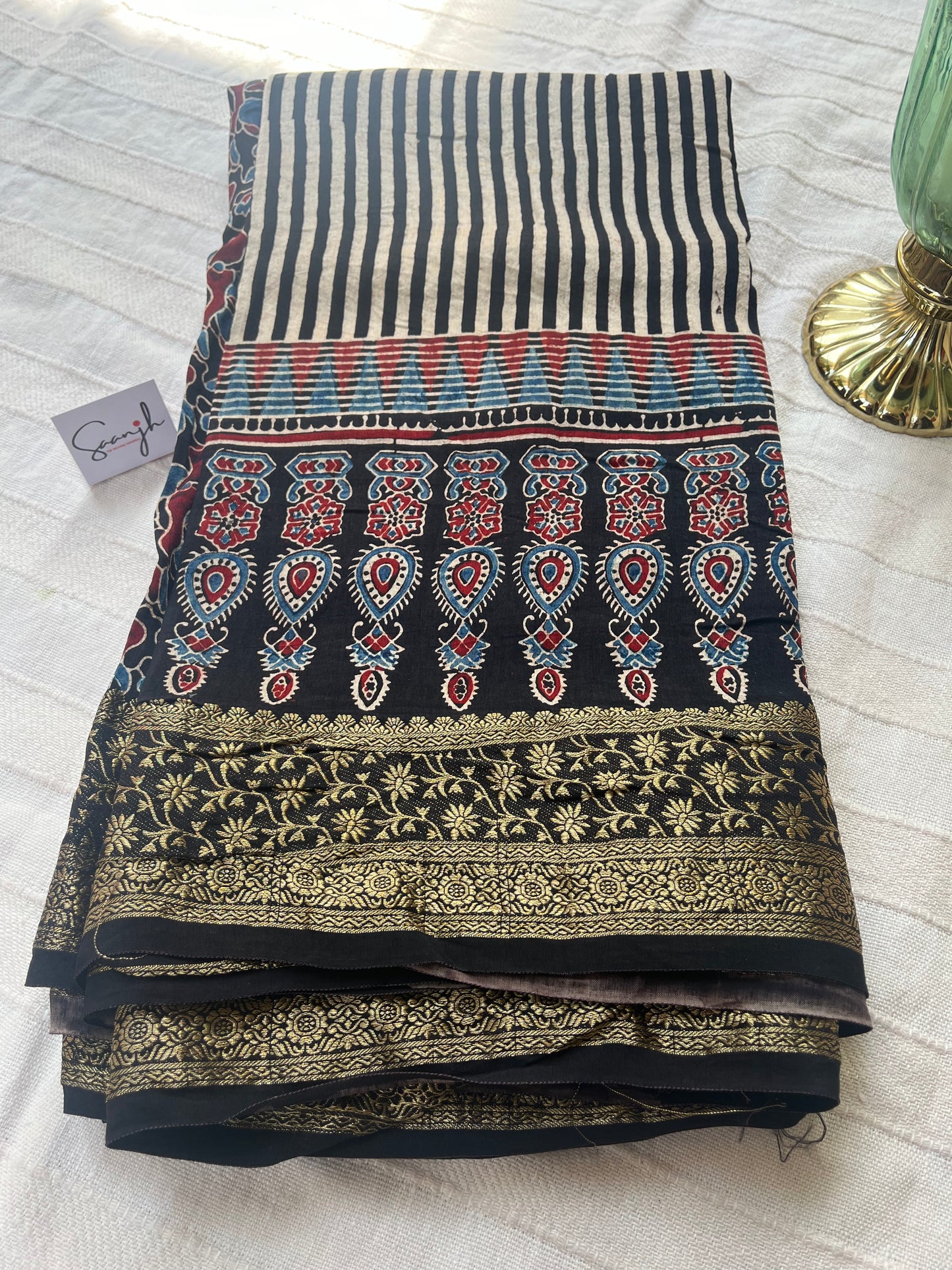 Contemporary Ajrakh Dola Silk Saree - Black Stripes