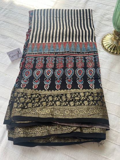 Contemporary Ajrakh Dola Silk Saree - Black Stripes