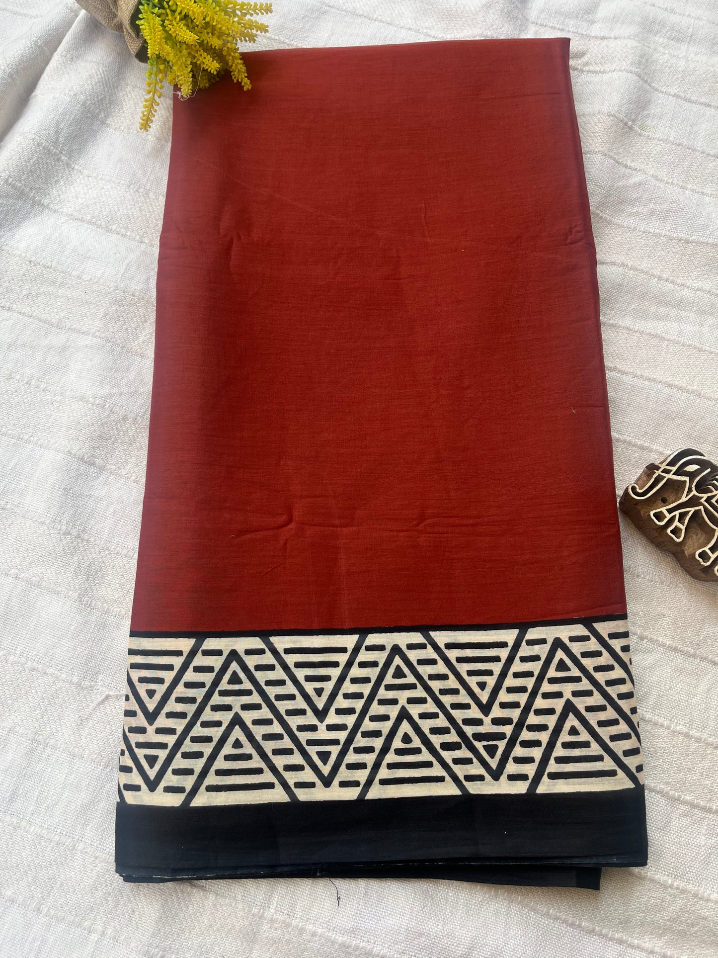 Contemporary Ajrakh Mul Cotton Saree - Brick Red