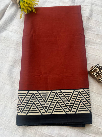 Contemporary Ajrakh Mul Cotton Saree - Brick Red