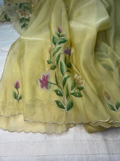 Crepe Organza Handpainted Saree with Embroidery- Lemon Yellow