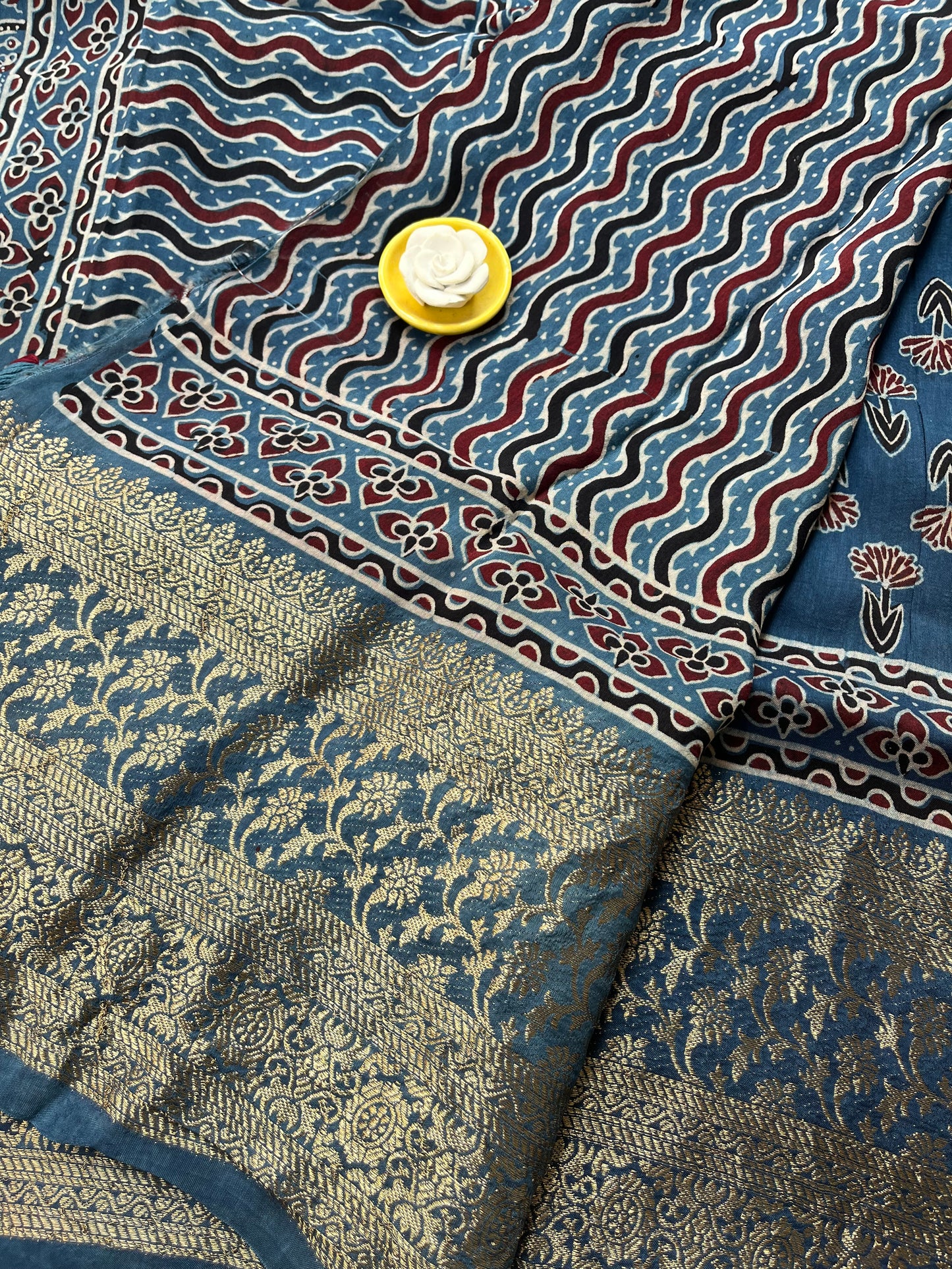 Indigo Ajrakh Dola Silk Saree - Floral Motifs (with tassels)