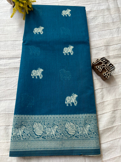 Mercerised Cotton Saree with Cow Weaving - Teal Blue