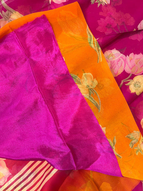 Semi Chiffon Floral Saree Dual Tone - Pink-Orange