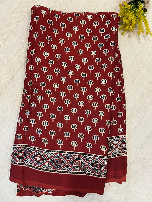 Ajrakh Modal Silk Saree with Mirror Work - Red Lotus Motifs