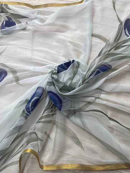Hand-painted Chiffon Saree - Frost White