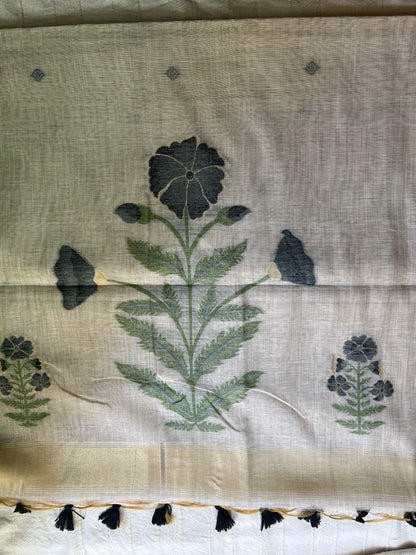 Chanderi Cotton Jamdani Saree - Black Flower Weaving