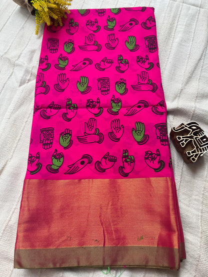 Kamalkari Printed Nelluri Silk Saree - Neon Pink