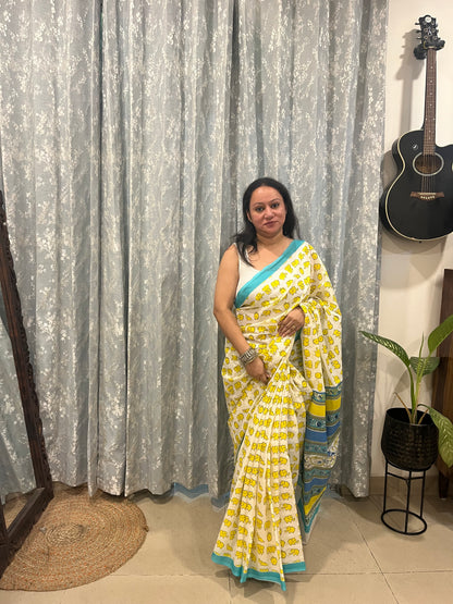 Quirky Elephant Print Saree - Yellow and Sea Green Combination